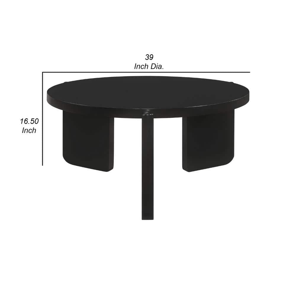 Kiya 39 Inch Black Solid Wood Round Coffee Table with Panel Legs