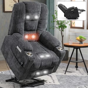 Grey Chenille Fabric Recliner Lift Chair Electric Power Lift Recliner Chairs with USB Port Cup Holder and Storage Pocket