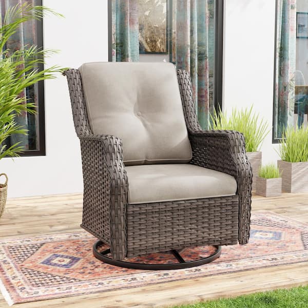 JOYSIDE Wicker Patio Outdoor Lounge Chair Swivel Rocking Chair with Beige Cushions