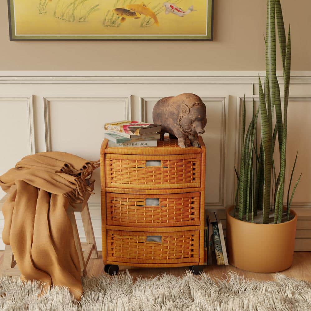 Oriental Honey Pine 3-Drawer Nightstand on Casters