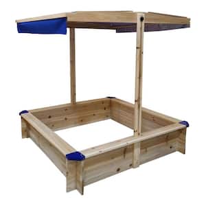 3.8 ft. W x 3.8 ft. L Natural Kids Wooden Square Sandbox with Adjustable Canopy for Garden, Beach and Backyard