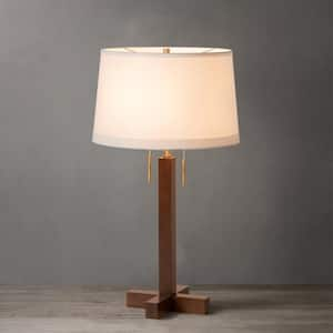 Swiss Cross 30 in. Dark Walnut LED Table Lamp for Living Room with White Cotton Shade