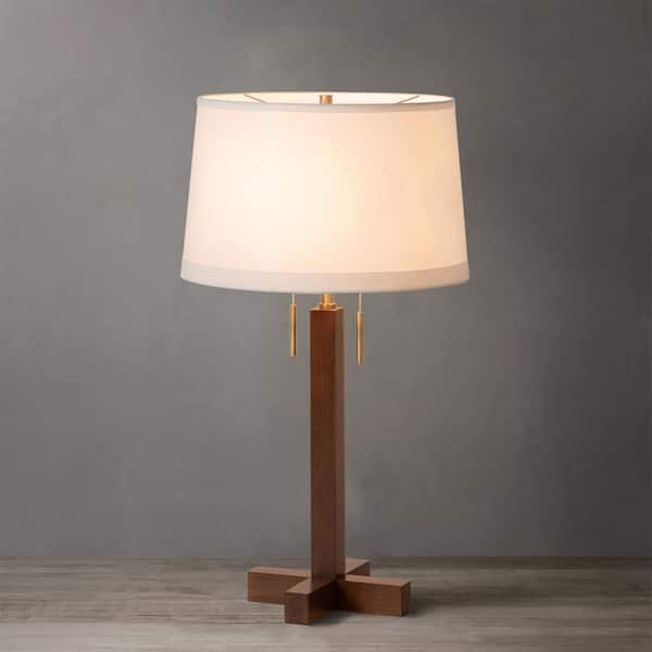 NOVA of California Swiss Cross 30 in. Dark Walnut LED Table Lamp for Living Room with White Cotton Shade