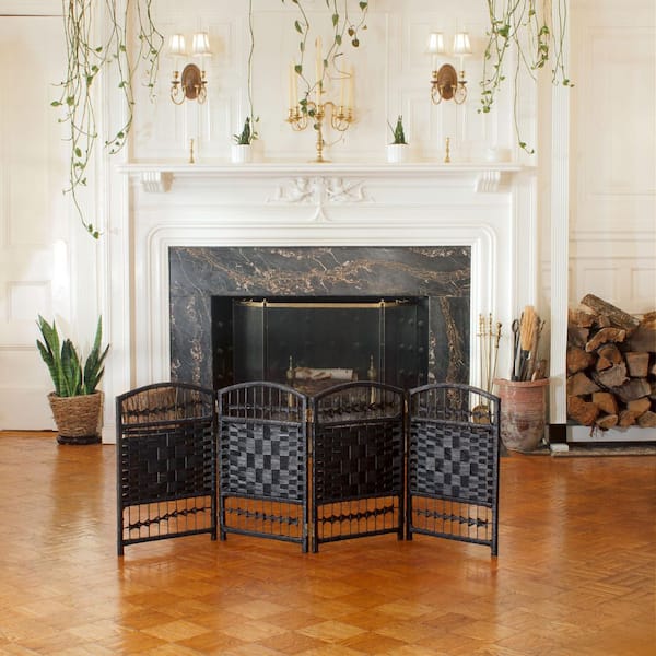 Oriental Furniture 2 ft. Short Fiber Weave Folding Screen - Black - 4 Panels
