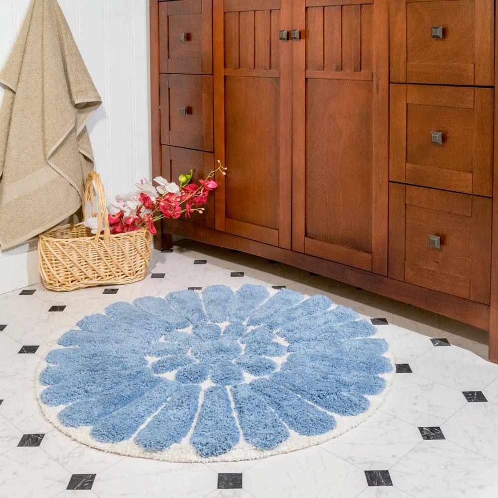Off-White and Blue Cotton Floral Bath Rug Set