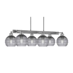 Albany 6 Light Brushed Nickel Downlight Chandelier, Linear Chandelier for the Kitchen with Smoke Ribbed Glass Shades