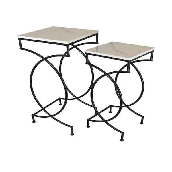 Benjara 30 in. Black and White Square Marble Plant Stand with 1 Tier (Set of 2)