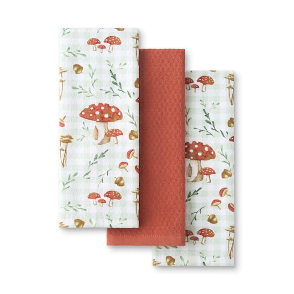 Autumn Harvest Mushroom Plaid Orange Cotton Kitchen Towel Set 16 in. x 28 in. (3-Pack)
