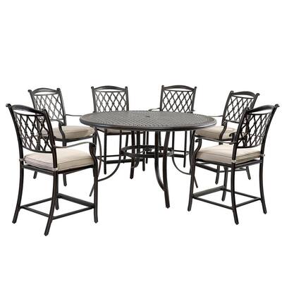 Charcoal Gray 7-Pieces Cast Aluminum Outdoor Dining Bar Set with Round Table and Dining Chairs with Beige Cushions