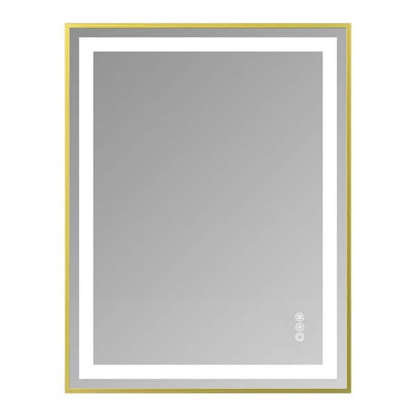28 in. W x 36 in. H Rectangle Framed LED Anti-Fog Wall Bathroom Vanity Mirror in Gold