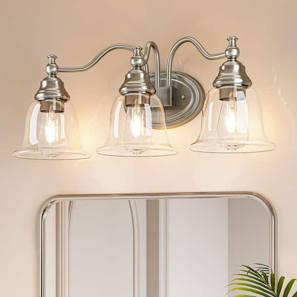 22.9 in. 3-Light Brushed Nickel Bathroom Vanity Light with Clear Glass Shade Over Mirror, No Bulbs Included