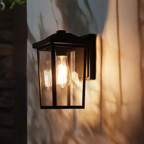 Textured Black 1-Light Modern Lantern Outdoor Sconce Clear Glass Shade Hardwired Weather Resistant Outdoor Wall Light