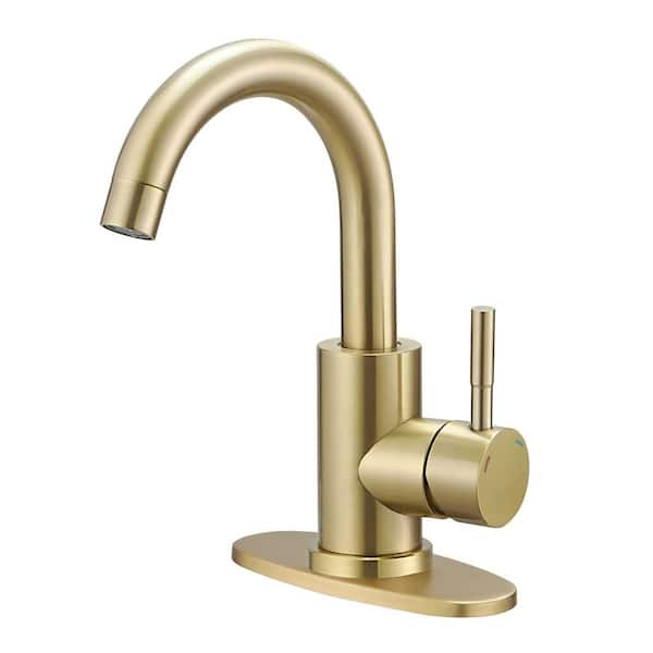 Single Hole Single-Handle Mid Arc Bathroom Faucet With Swivel Spout in Brushed Gold