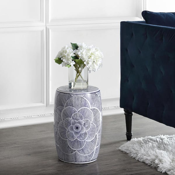 Camellia 17 in. Blue Ceramic Drum Garden Stool