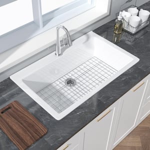 36 in. Kitchen Sink Drop-In Single Bowl Fireclay White Kitchen Sink with Bottom Grids and 1 Predrilled Faucet Hole
