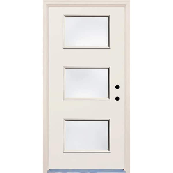 Builders Choice 36 in. x 80 in. Left-Hand 3 Lite Clear Glass Unfinished Fiberglass Raw Prehung Front Door with Brickmould