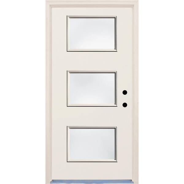 Builders Choice 36 in. x 80 in. Left-Hand 3 Lite Clear Glass Unfinished Fiberglass Raw Prehung Front Door with Brickmould