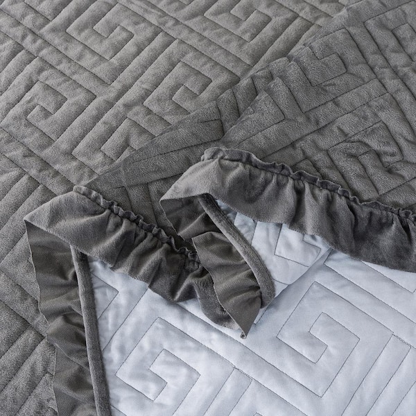 JML Charcoal/Grey Reversible King Velvet Quilt Set QSM08-DGREY-K