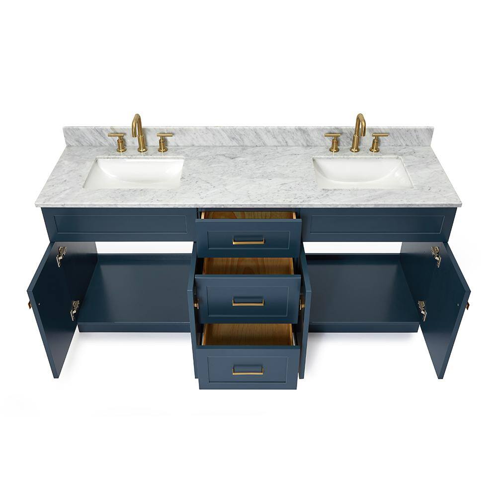 Midnight Blue Double Sink Freestanding Vanity with White Marble Top