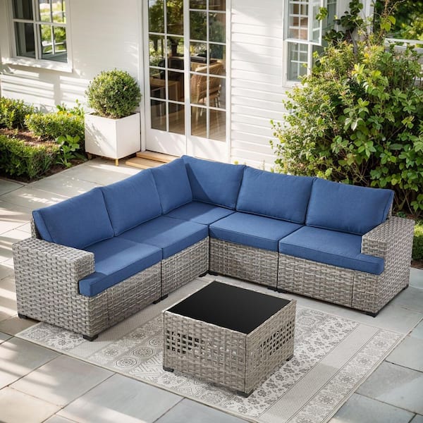 ModNest Taupe 6-Piece Wicker Patio Conversation Set, Modular Sectional Sofa with Navy Blue Cushions and Coffee Table