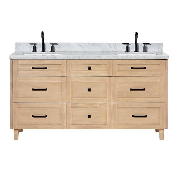 Monroe 67 in. W x 22 in. D x 36 in. H Double Bath Vanity in Oak with Italian Carrara Marble Top
