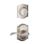 Accent Satin Nickel Single Cylinder Deadbolt and Keyed Entry Door Handle with Camelot Trim Combo Pack