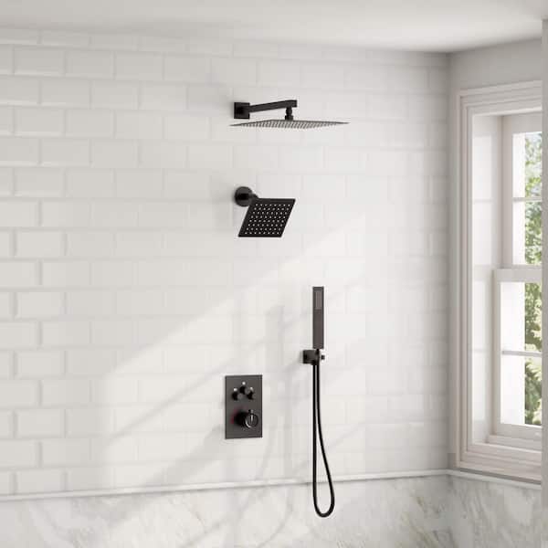 Zenith Rain 8-Spray 12, 6 in. Dual Wall Mount Shower Head and Handheld Shower Head 2.5 GPM in Matte Black Valve Included