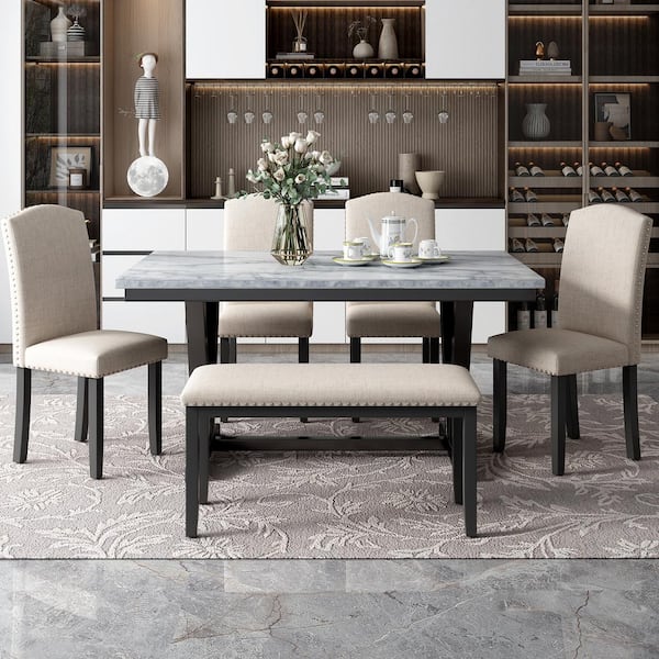  ACEDÉCOR Kitchen and Dining Room Sets for 6, Metal Circling  Base Dining Table in Grey Silver, Beige King Louis Upholstered Dining Chairs  with Silver Stainless Steel Legs - Table 