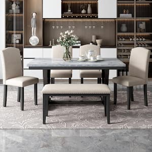 6-Piece Kitchen Table Set Wooden Marbled Veneers Dining Table with V-Shaped Legs and Cushioned Bench Seats 6