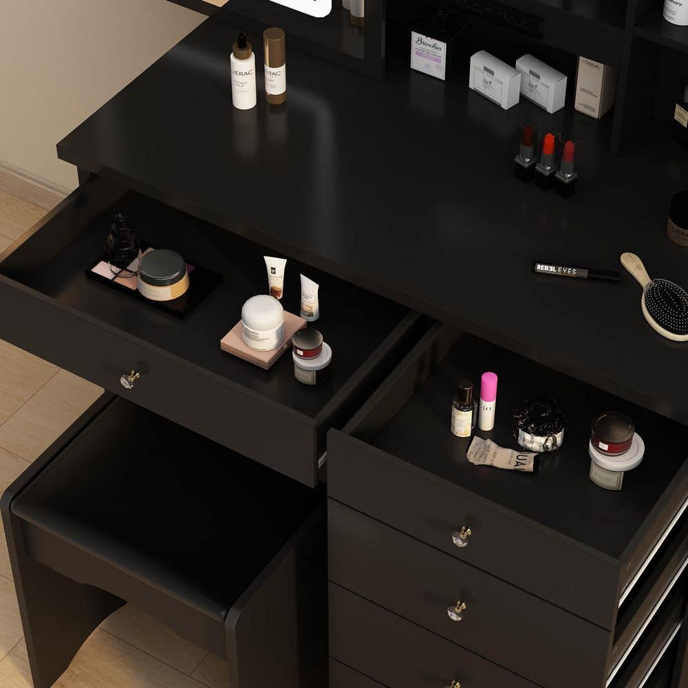 5-Drawers Black Wood LED Push-Pull Mirror Dresser with Stool and 3-Tier Storage Shelves 39.4 in. W - thumbnail 8