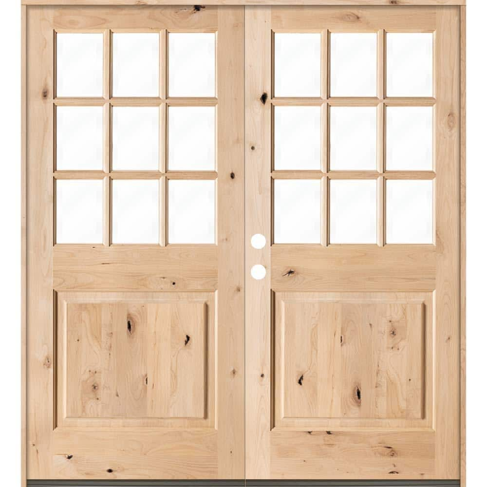 Krosswood Doors 72 in. x 80 in. Craftsman Knotty Alder 9-Lite Clear Glass  Unfinished Wood Right Active Inswing Double Prehung Front Door