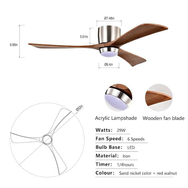 52 in. Indoor Stain Nickel Ceiling Fan with Light, Quiet DC Motor 3-Walnut Blades Ceiling Fan for Patio Living Room