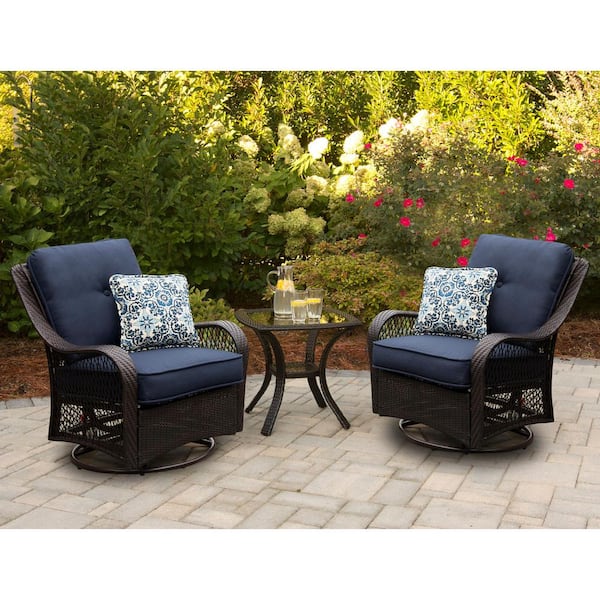 Hanover Orleans 3-Piece Swivel Rocking Chat Set with Navy Blue Cushions, 2 Glider Chairs, End Table, Weather Resistant