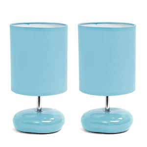 10.24 in. Blue Traditional Mini Round Rock Table Lamp Set with Blue Fabric Shade (Set of 2)