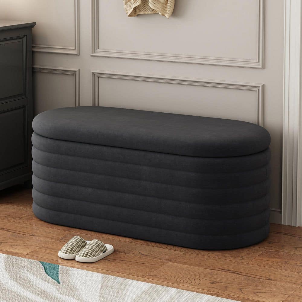 Storage Stool 40 in. Black Chenille Bedroom Bench Large Storage Space can b