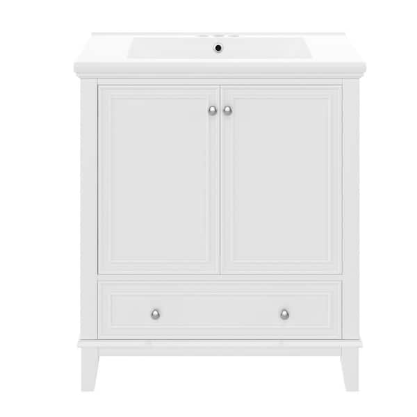 Virubi 30 in. W Single Sink Bath Vanity in White with White Ceramic Top, Drawer and Adjustable Shelf