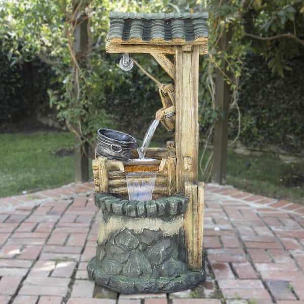 50 in. Tall Outdoor Tiered Rustic Water Well Fountain with Cascading Waterfall, Brown