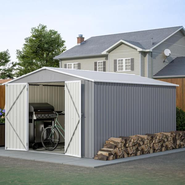 10 ft. x 12 ft. Outdoor Metal Storage Shed with Floor Frame Base & Double Lockable Doors for Garden Tools
