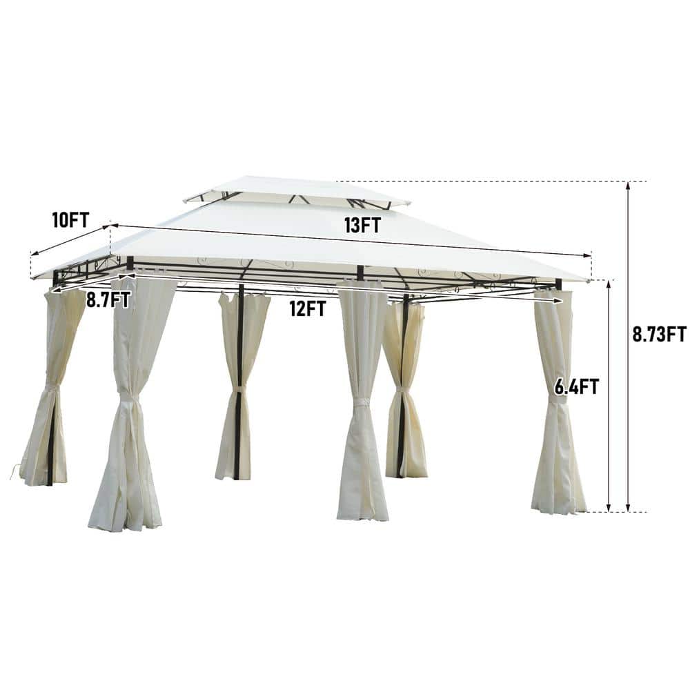 13x10 Beige Metal Patio Gazebo with Double Roof and Curtains