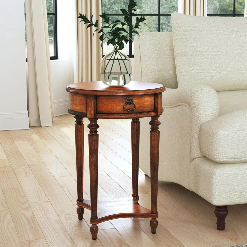 Jules 17.5 in. W Medium Brown Round Wood 1-Drawer End Table