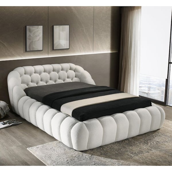 Furniture of America Tera White Wood Frame Fully Upholstered Queen Platform Bed with Tufted Headboard