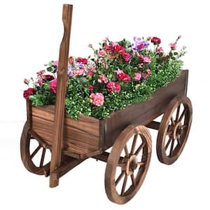 Wood Garden Wagon Decor with Wheels Rustic Flower Pot, Planters Wagon Indoor Outdoor Backyard Balcony Decor