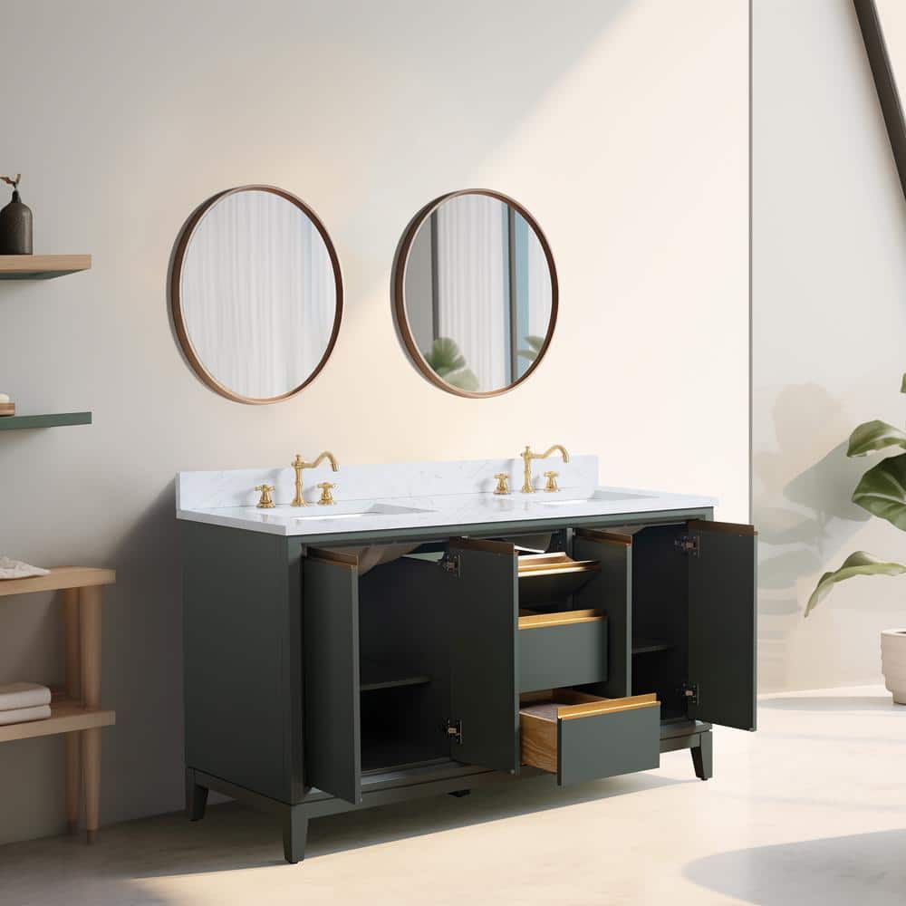 60" Vintage Green Double Sink Bathroom Vanity with Engineered Marble Top