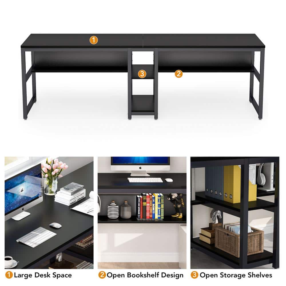 Black Double Workstation Desk with Shelves for Two