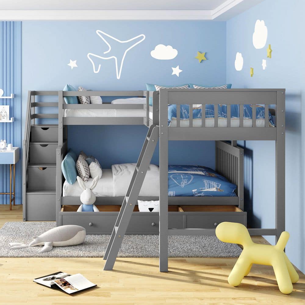 Qualler Gray Twin Over Full L-Shaped Bunk Bed With 3-Drawers And ...