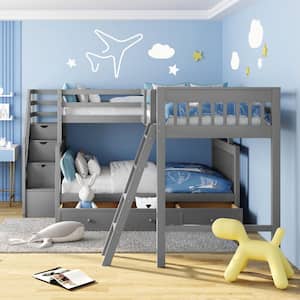 Gray Twin Over Full L-Shaped Bunk Bed With 3-Drawers and Staircase