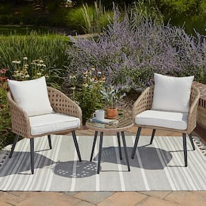 Bristol Caning 3-Piece Aluminum Frame Resin Wicker Outdoor Conversation Set with Linen Cushions