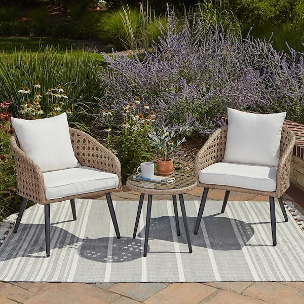 HAVEN WAY Bristol Caning 3-Piece Aluminum Frame Resin Wicker Outdoor Conversation Set with Linen Cushions