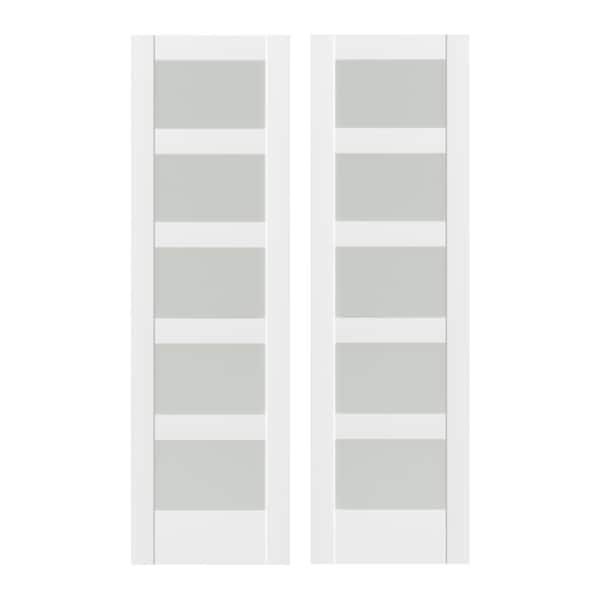TENONER 48 in. x 80 in. (Double 24 in. W Doors) 5-Panel Frosted Glass, Painted White MDF Pocket Door Frame without Hardware