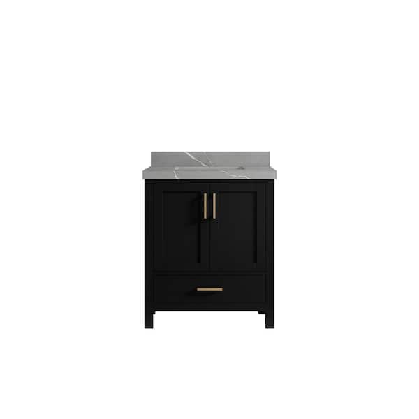 Willow Collections Malibu 30 in. W x 22 in. D x 36 in. H Single Sink Bath Vanity Center in Black with 2 in. Piatra Gray Qt. Top